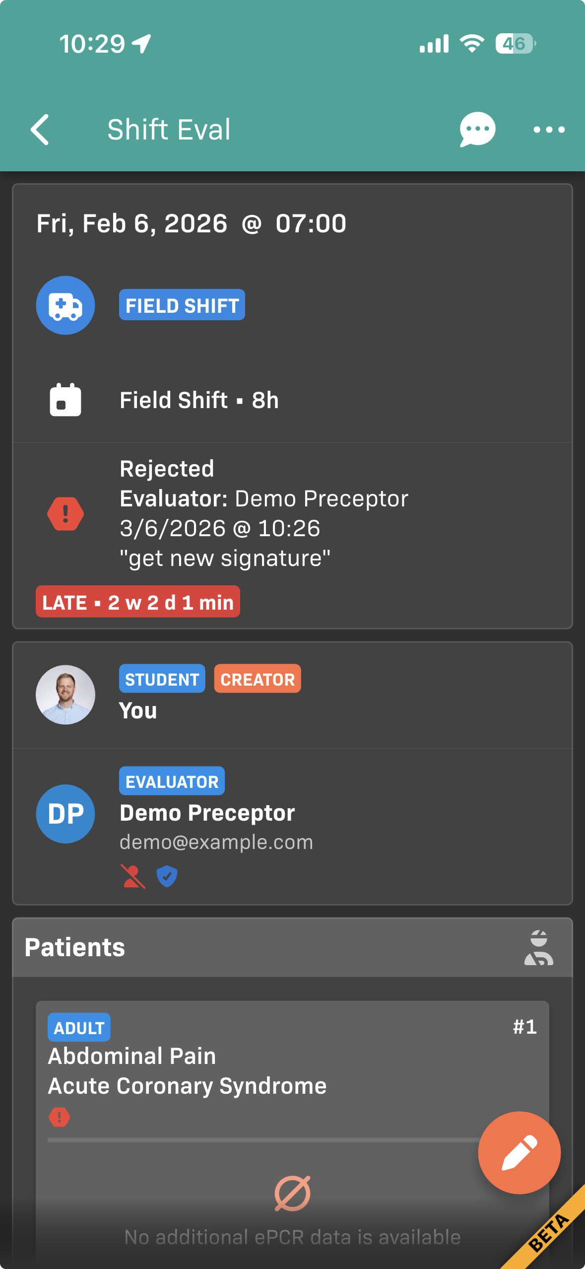 Rejected shift evaluation with a note to get a new signature.