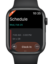 Apple Watch schedule screen with Clock In button